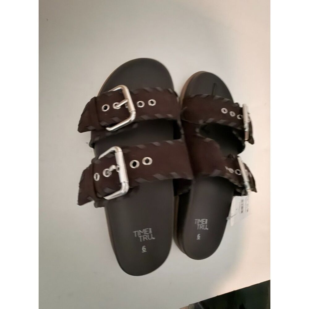Time and Tru dark brown double buckle sandals size 6